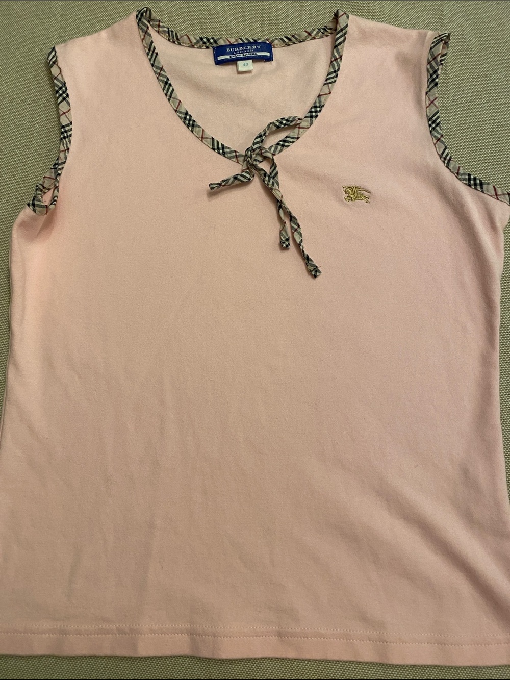 Burberry Pale Pink Sleeveless Tie-Neck Tank with Check Trim